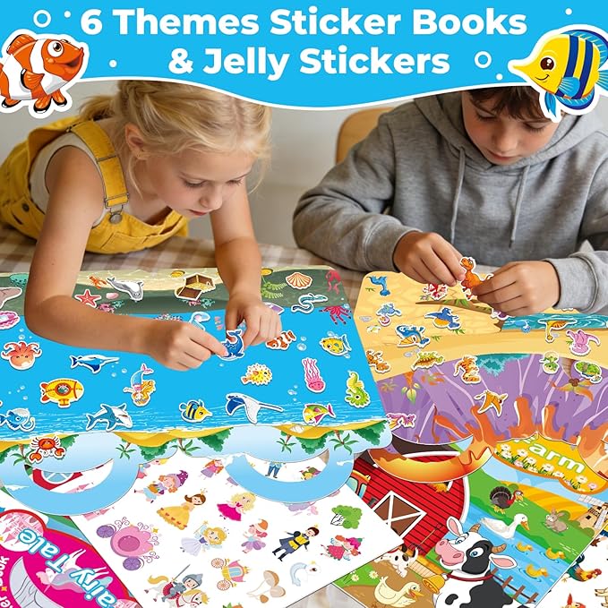 Kalysky 6Pcs Reusable Sticker Book, Jelly Sticker Books for Kids Ages 3-5, Cute Sticker Books for Toddlers 2-4 Years, Sticker Activity Book for Girl Boy