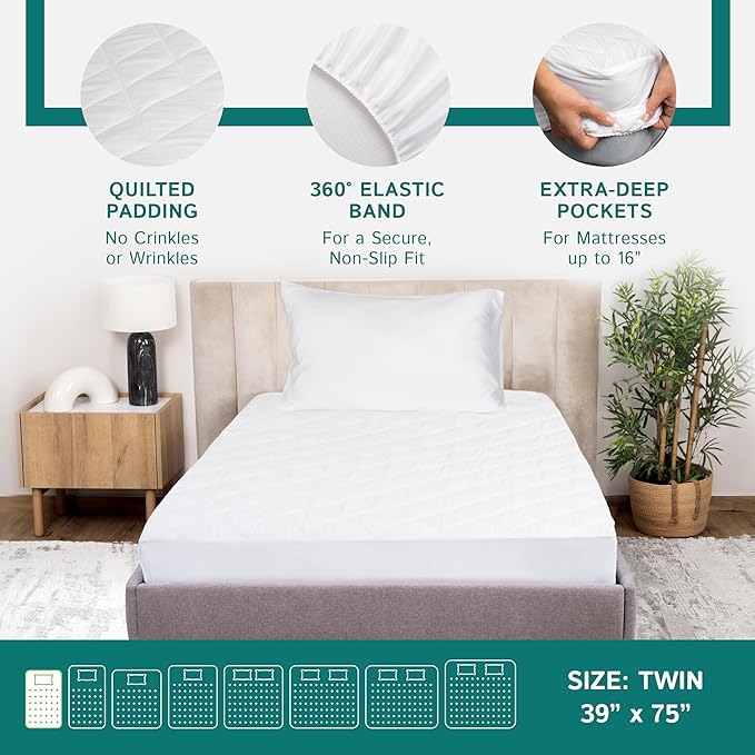 Twin Size Quilted Mattress Pad - Fitted Waterproof Mattress Protector, Pillow Top Mattress Topper, Premium Quality Hypoallergenic Mattress Cover