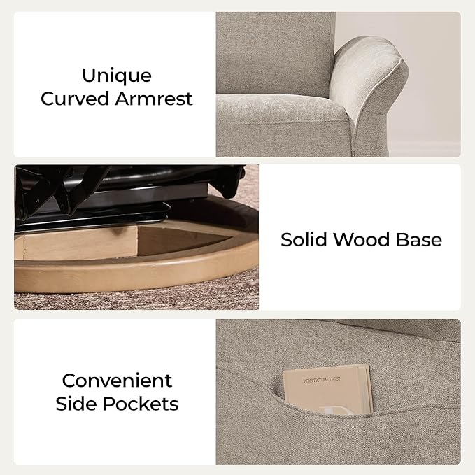 CHITA Power Recliner Chair, Electric Triple-Motor Swivel Glider Nursery Rocking Chair with Adjustable Power Headrest and Lumbar Support, Solid Wood Base, Khaki Grey