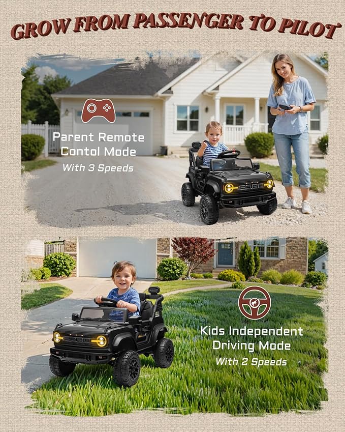 First Ride On 12V Ride on Toys for Kids, Licensed Ford Bronco Raptor Children Electric Vehicles, Toddler Battery Powered Car with Double Doors, 3 Point Safety Belt, Led Lights (12V, Black)