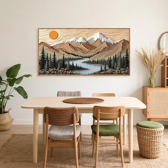 CHDITB Mountain Framed Wall Art, Long Horizontal Mountains Wall Decor, Sun Lake Pine Trees Nature Wall Painting, Modern Rustic Farmhouse Landscape Art Prints for Bedroom Office Decoration 20"x40"