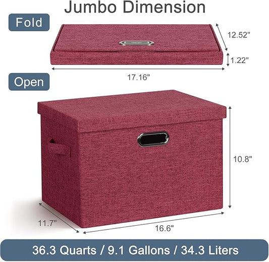 Graciadeco Large 17" 36 Quart Collapsible Stackable Storage Bins with Lids, 3 Packs Bright Red Linen Fabric Closet Boxes with Lids, Storage Cube Baskets Container Organizers for Office (17x12x11)