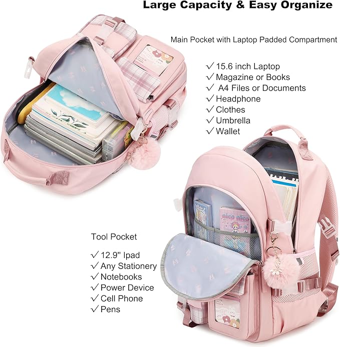 KIDNUO Backpack for Girls, 15.6 Inch Laptop School Bag Kids Kindergarten Elementary College Backpacks Large Bookbags for Teen Girl Women Students Casual Travel Daypacks (Pink)