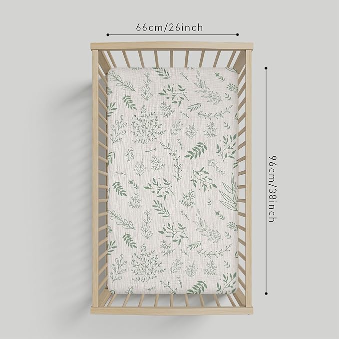 Muslin Mini Crib Sheets, 2 Pack for Baby Boy and Girl, Soft Breathable Stretchy Baby Pack N Play Mattress and Mini Cribs Sheet, Universal Fitted Portable/Mini Crib Mattresses (Bright Leaves)