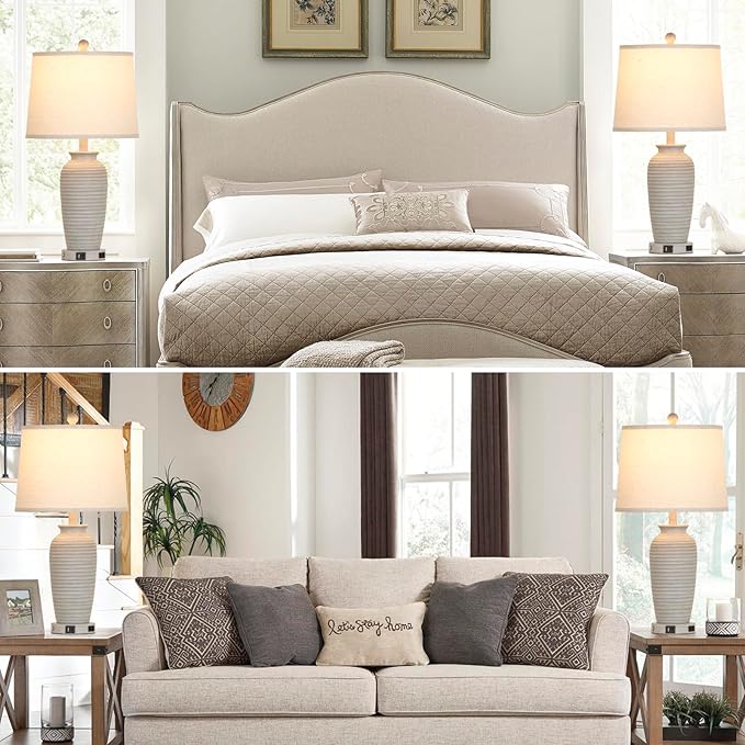 CINSARY 25" Farmhouse Jar Table Lamps Set of 2, 3 Way Touch Control Rustic Bedside Lamps with USB A+C Ports & AC Outlet, Pot Nightstand Lamps for Bedroom Living Room (LED Bulbs Included)