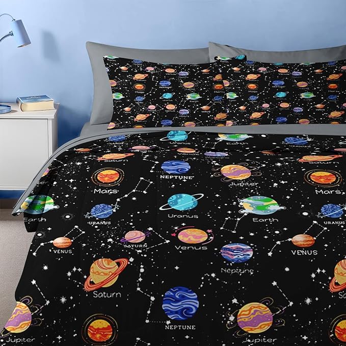 Nesker 4 Pcs Comforter Set Toddler Size, Cute Space Galaxy Bedding for Kids Teen, Planets Moon Stars Bed Sheet with Pillowcase & Sham