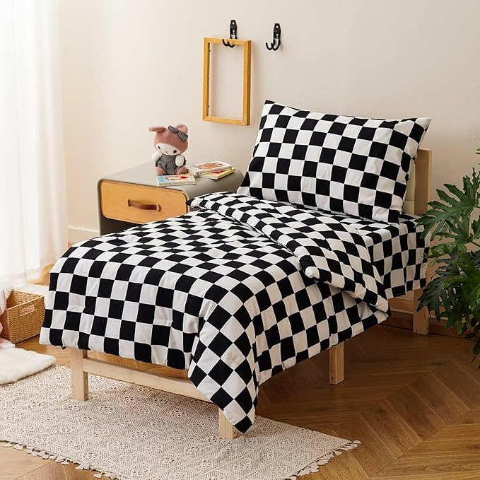 CLOTHKNOW 4 Pieces Plaid Toddler Bedding Sets for Boys Grils, Black White Grid Pattern, Soft Crib Bed Set Including Comforter, Flat Sheet, Fitted Sheet and Pillowcase, Black White