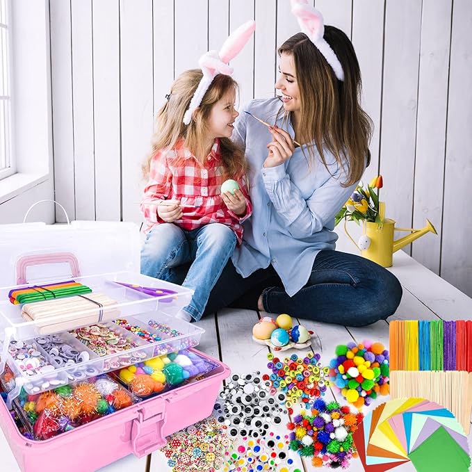 Jumbo Art and Craft Supplies for Boys and Girls, Toddler DIY Craft Art Supply Set Included Pipe Cleaners, Pom Poms, Feather, Folding Storage Box - All in One for Craft DIY Art Supplies (F0-Pink)
