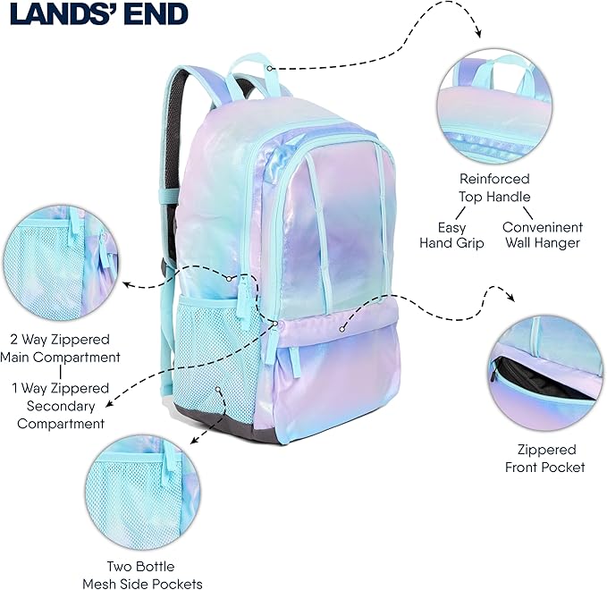Lands' End Unisex Kids Large ClassMate Lightweight Durable Elementary School Backpack, Pastel Lilac