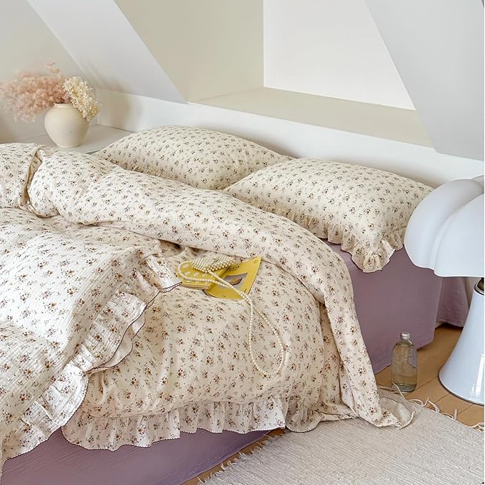 BuLuTu Muslin Cotton Kids Duvet Cover Twin Size, 68"x86", Shabby Chic Crape Flower Design Girls Quilt Cover Vintage Princess Style Bedding Ruffled Comforter Cover Floral Print, No Pillowcase