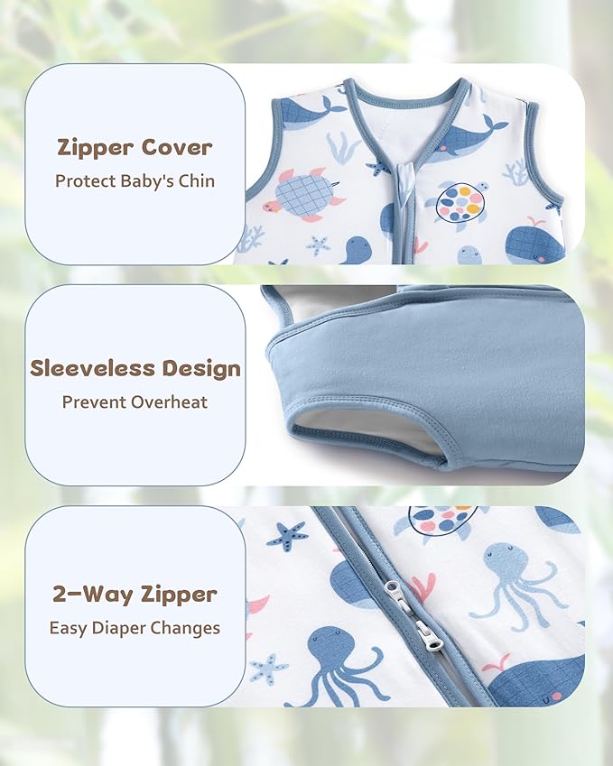 Rayon Made from Bamboo Baby Sleep Sack 18-24 Months, 1.0 Tog Baby Wearable Blanket, Soft Sleeping Bag for Infant Toddler Babies with 2-Way Zipper 2 Pack (X-Large) Blue Whale