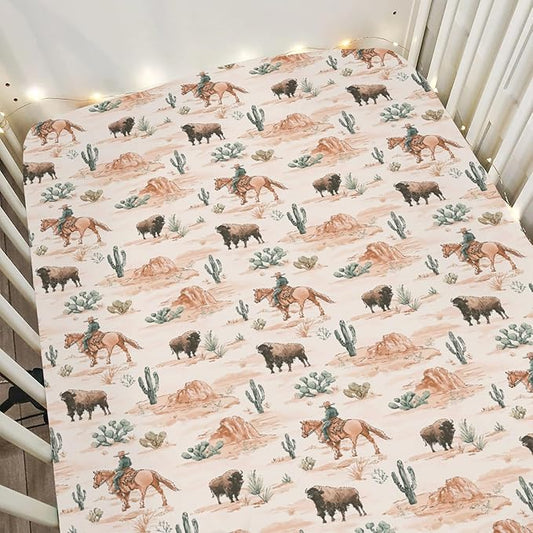 Vintage Cowboy Buffalo Baby Crib Sheets for Boy Girl 52x28Inch Retro Bison Cactus Soft Stretchy Fitted Crib Mattress Cover Western Desert Baby Sheet for Standard Crib and Toddler Bed Mattress