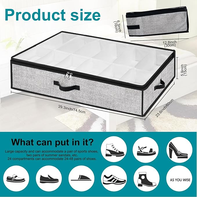 Meerainy Under Bed Shoe Storage Organizer for Closet 2 Pack- Fits 24 Pairs Underbed Shoes Container Boxes Light Grey