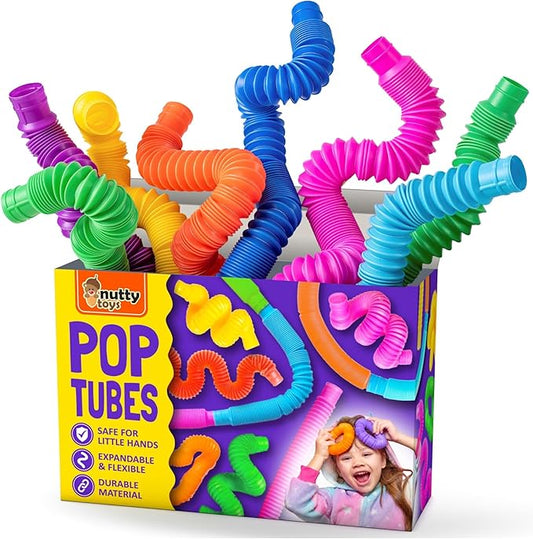 Nutty Toys Pop Tubes - Large 4-Pack Sensory Toys - Creative STEM Learning for Kids and Toddlers - Connect & Pop! Top ADHD Autism Fidget 2025, Best Boy & Girl Christmas Stocking Stuffers Gifts Idea