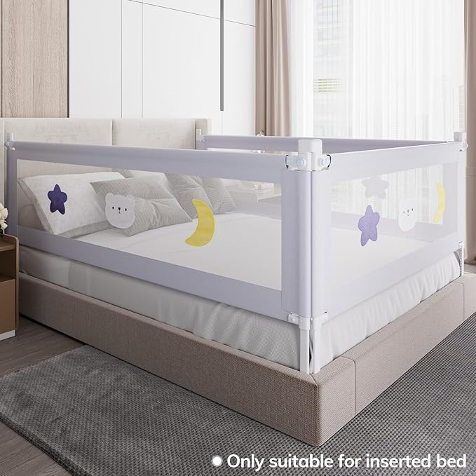 omzer 3-Piece Bed Rails for Queen Bed - Height Adjustable Bed Rail for Toddlers with Double Child Lock, Bed Rail for Baby Kids with Pattern, Infants Toddler Bed Gate for Queen Size Bed, 78.7x78.7x59”