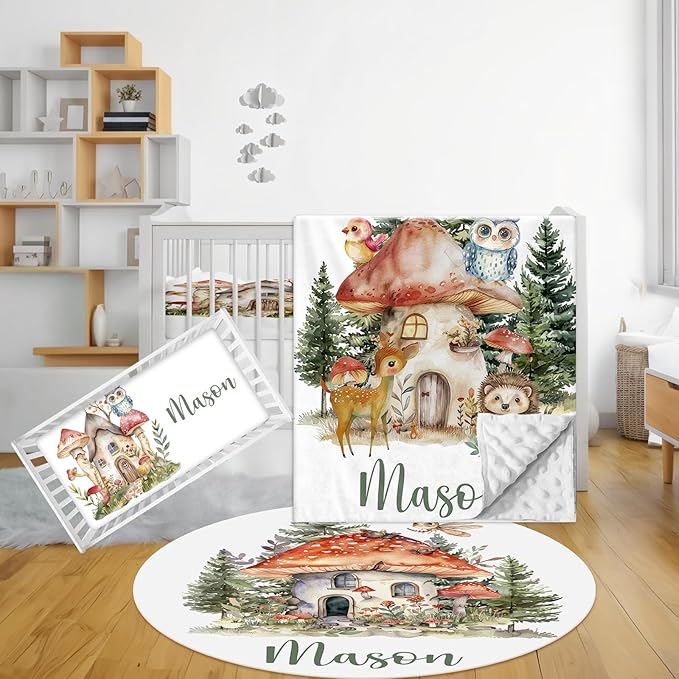 Personalized Baby Bedding Set - 3 Pcs Custom Name Crib Bedding Set for Nursery - Soft Double Layer Baby Crib Set for Boys Girls, Customized Gifts for New Parents Infant Toddler - Forest Animal