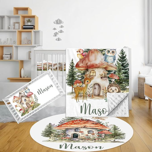 Personalized Baby Bedding Set - 3 Pcs Custom Name Crib Bedding Set for Nursery - Soft Double Layer Baby Crib Set for Boys Girls, Customized Gifts for New Parents Infant Toddler - Forest Animal