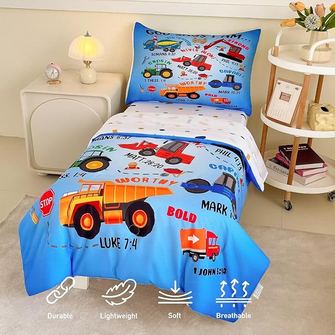 4 Piece Toddler Bedding Set for Boys,Cars Construction Toddler Bed Comforter Set Includes Comforter,Flat Sheet,Fitted Sheet and Pillowcase,Christan Trucks Tractors Bed in A Bag for Kids Bedroom
