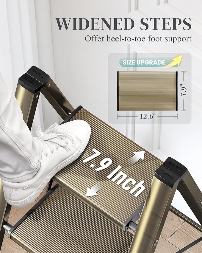 GameGem 4 Step Ladder, Folding Step Stool with Wider Pedal, Anti-Slip Feet & Non Slip Stripes, Aluminum Sturdy Material, 300Lbs Capacity, Elegant Look of Champagne Gold Better Matches Your Home