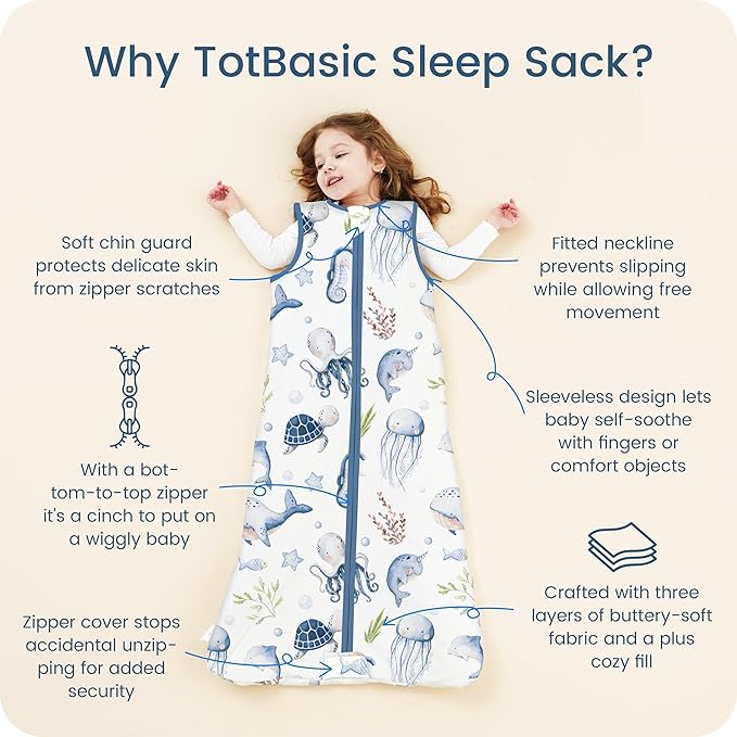 1.0 TOG Sleep Sack 6-12-15 Months, Ultra Soft Sleeping Bag, Premium Baby Wearable Blanket with 2-way Safe Zipper All Season Sleep Sack, 1 Pack(Ocean Animals)