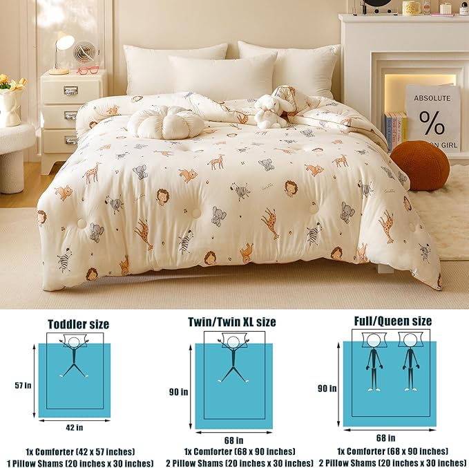 3PCS Comforter Twin Size Bed Set, Ultra Soft Marshmallow Fluffy Comforter Sets, Cute Bedding Set for Kids Boys Girls Teen, Microfiber Lightweight All Seasons Bedroom (Wildlife Park)
