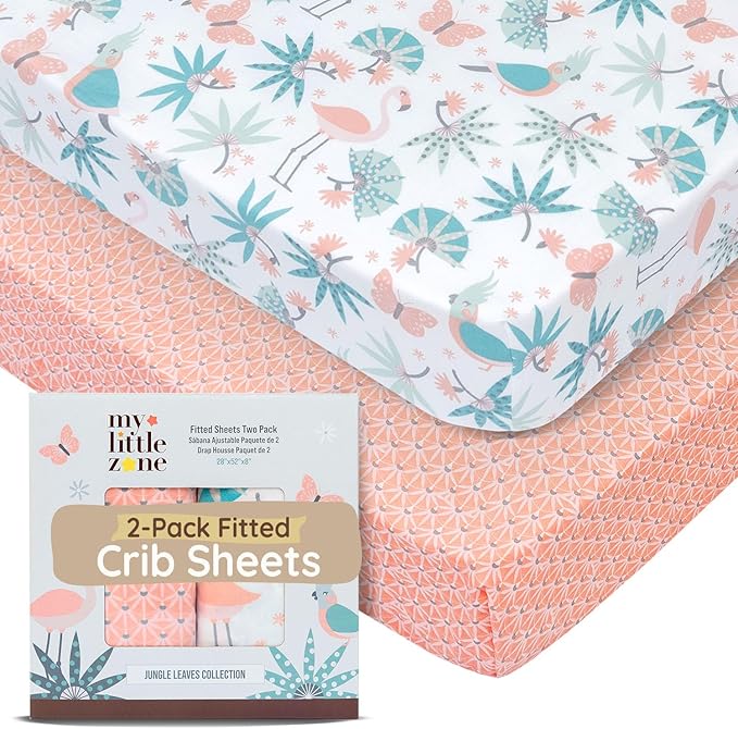 Baby Crib Sheets Girls Toddler Bed Sheets Cotton Fitted Crib Sheet Sets 28"x52", 8" Deep Pocket, Baby Mattress Sheet 2Pack 100% Cotton Flamingo Beddings, Designed in France, Jungle Leaves, White Pink