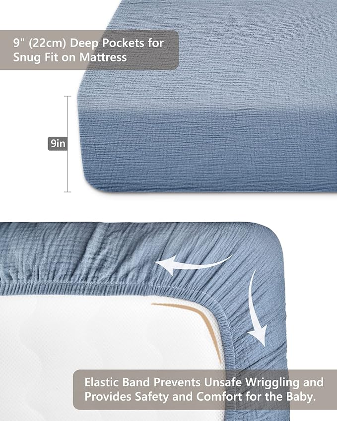 Crib Sheets for Boys Girl, Fitted Baby Toddler Bed Sheets 28" x 52", Neutral Muslin Cotton Crib Mattress Bedding Soft and Breathable Comfort (Costume Blue)