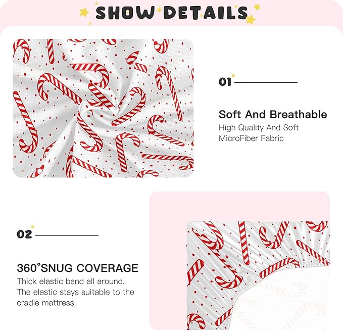 Christmas Candy Cane Crib Sheets Soft Breathable Fitted Baby Crib Sheets Mattress Cover for Boy Girls, 52" x 28" x 9"