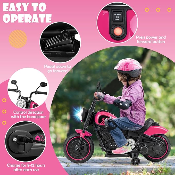 HONEY JOY Ride On Motorcycle, 6V Toddler Motorcycle with LED Light, Music, Foot Pedal, Forward/Backward, Soft Start, 3-Wheel Battery Powered Electric Motorcycle for Kids, Gift for Boys Girls (Pink)