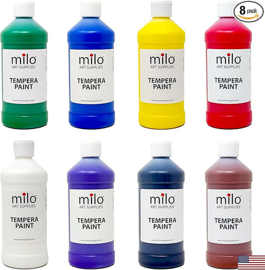 milo Washable Paint for Kids | 8 Colors 16 oz Bottles | Made in the USA | Safe and Non-Toxic Tempera Paint for Arts & Crafts, Poster, Windows for Toddlers, Children, Classroom, School, Project