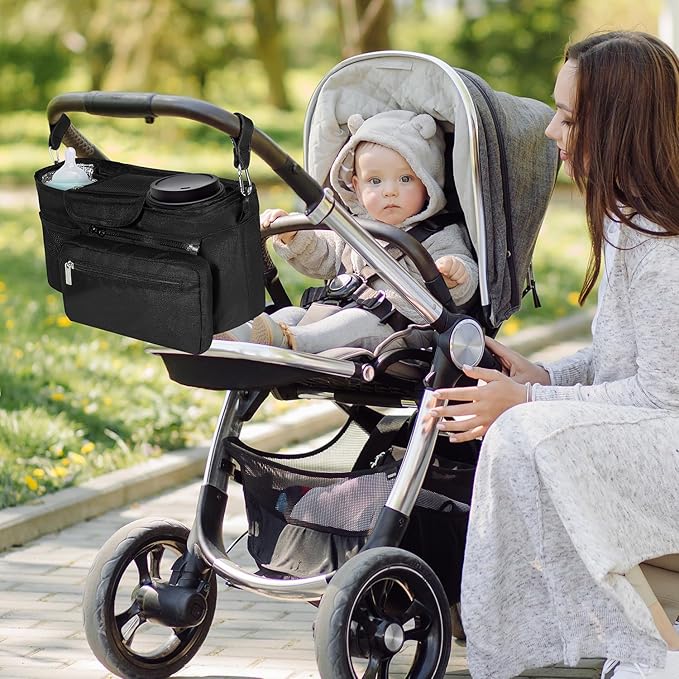 Bjabtan Universal Stroller Organizer with Insulated Cup Holder, Stroller Caddy with Detachable Bag & Shoulder Strap, Stroller Attachment Non-Slip Secure Hooks Accessories Fits Most Strollers