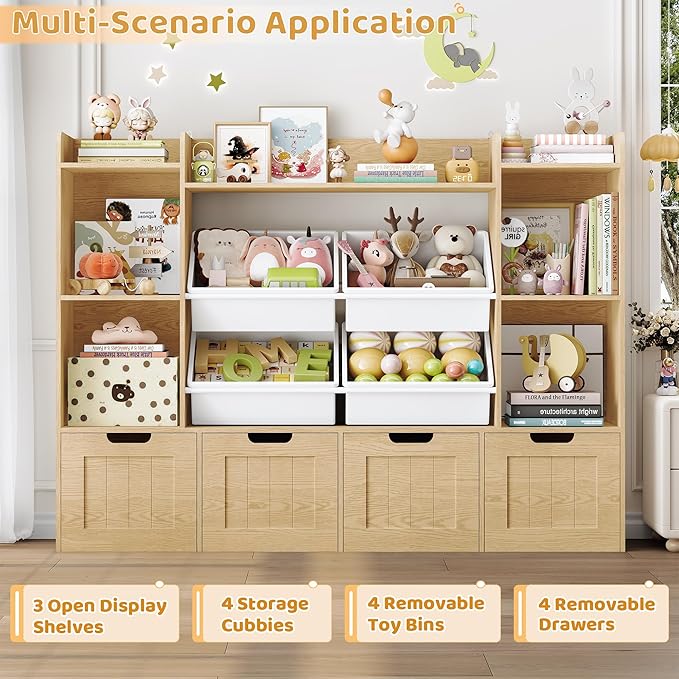 LULUBEAR Toy Storage Organizer, Toy Organizer with 4 Movable Drawers and 4 Box Bins, Kids Playroom Storage Organization with Hidden Wheels for Living Room, Kids Room, Natural