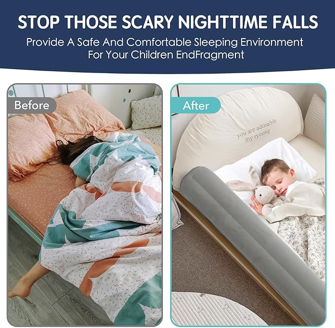 2Pack Inflatable Travel Bed Rails for Toddlers, Non-Slip Soft Flocking Blow Up Bed Rails for Kids | Toddler Bed Guard Rail for Full, Queen, King Size Beds, Portable Bed Bumper for Travel