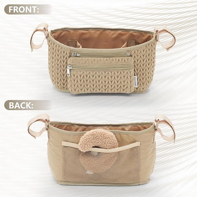 LUKJOJO Stroller Organizer - Stylish 3D Herringbone Quilting Nylon, Universal Fit, Detachable Bag, Adjustable Multi-Storage for Baby Essentials