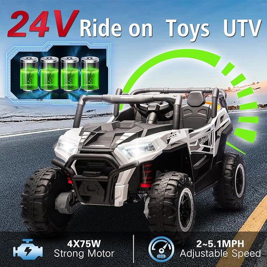 24V Car for Kids, 4WD Ride on Electric Cars, 4x4 Battery Powered Electric UTV for Boys Girls, 3 Speeds Off Road Truck with Bluetooth (White)