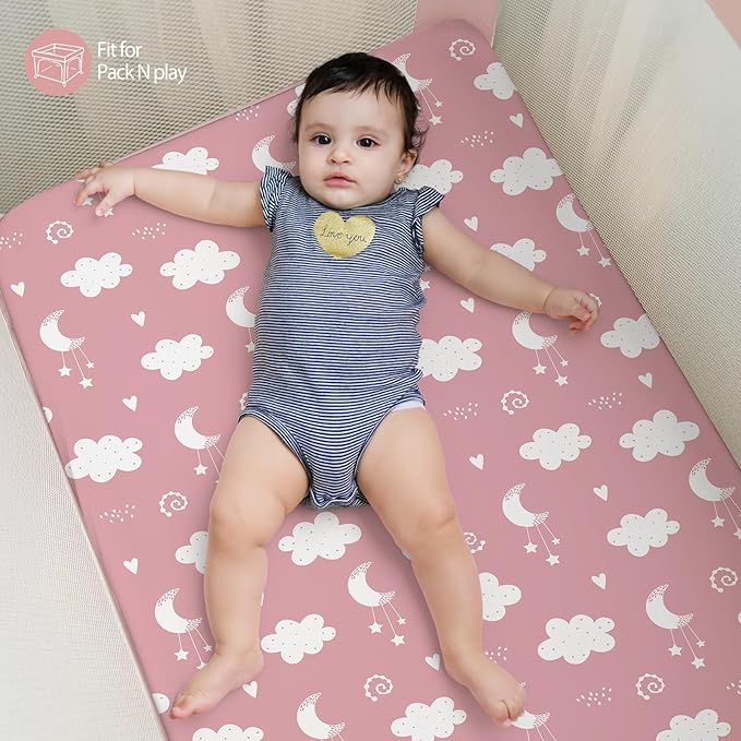 Baby Mini Crib Sheets Girl, Portable 38”x26” Pack and Play Sheets Fitted for Playard and Pack N Play Mattress, 3-Pack Soft Microfiber Pink Stars