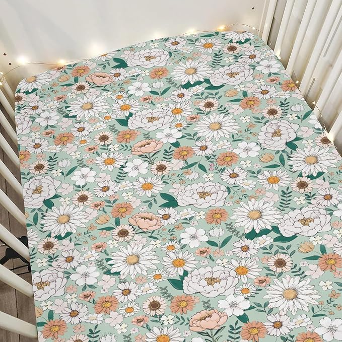 Spring Boho Floral Baby Crib Sheets for Boy Girl 28"x52" Neutral Green Flowers Leaves Soft Stretchy Fitted Crib Mattress Cover Pastel Peony Daisy Nursery Baby Sheet for Crib & Toddler Bed Mattresses