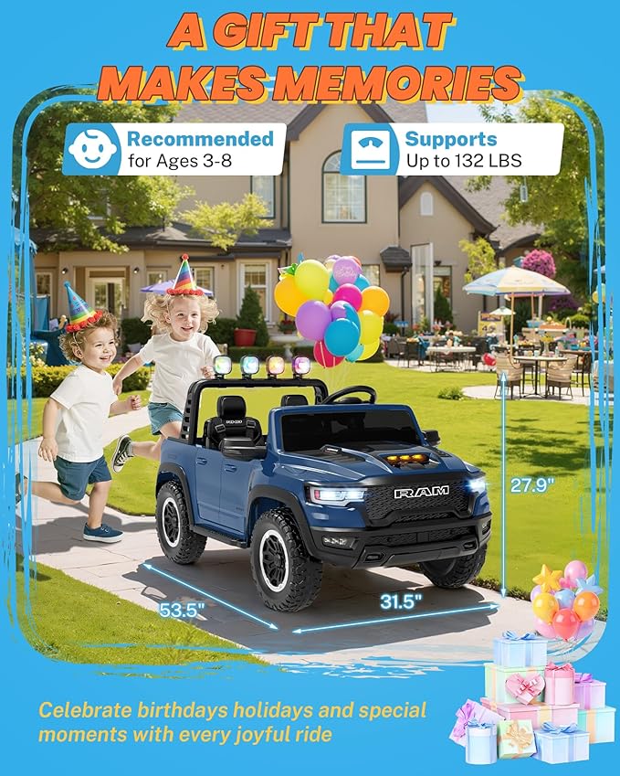 ENYOPRO 24 Volt Ride on Toys for Boys, Licensed RAM 1500 RHO 2 Seater Electric Car w/Remote Control, Kids Electric Vehicles w/Working Truck Tailgate, Spring Suspension, Bluetooth, LED Lights (Blue)