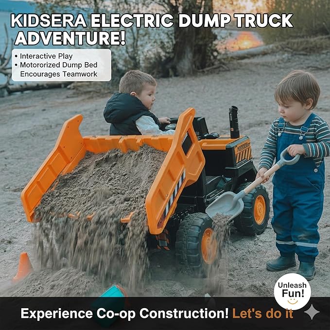 Kidsera 24V Ride On Dump Truck, 24inch-2 Seater Ride On Car for Kids w/Remote Control 4WD/2WD Up to 5 Mph, 24v Ride on Toys for Big Kids w/Electric Dump Bed Extra Shovel Traffic Cones (Yellow)