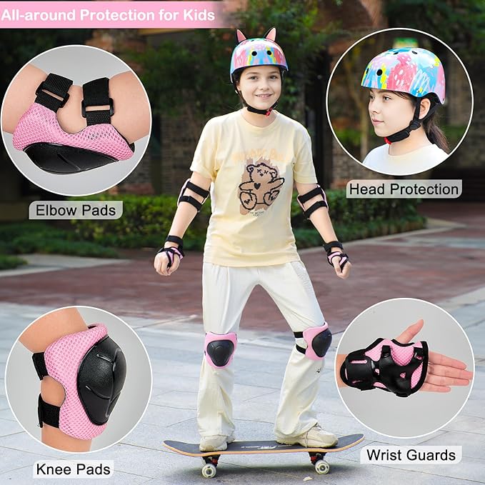 Kids Helmet, Bike Helmets for Kids 8-14 with Knee Pads and Elbow Pads Wrist Guards, Adjustable Youth Girls Bike Helmet with DIY Cat Ears Skateboard Helmet for Scooter Skating Cycling