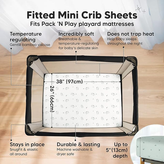 Pack and Play Sheets Fitted - 2-Pack Mini Crib Sheets for Pack N Play Mattress 38x26, Soft & Cozy, Neutral Toddler Playard Bedding, Snug Fitted Mini Baby Crib Mattress Cover Boy, Girl (Bunnies)