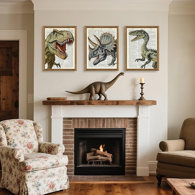 Ovczax 3 Pieces Dinosaur Canvas Wall Art - Tyrannosaurus Rex, Triceratops, Velociraptor Decor For Kids Room Game Room, Living Room, Bedroom 16" x 12"With Framed