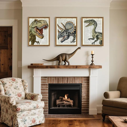 Ovczax 3 Pieces Dinosaur Canvas Wall Art - Tyrannosaurus Rex, Triceratops, Velociraptor Decor For Kids Room Game Room, Living Room, Bedroom 16" x 12"With Framed