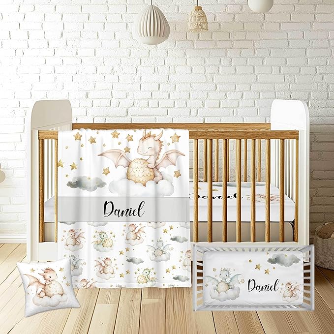 Personalized Flying Dragon Baby Crib Bedding Set for Boys Girls – Custom Name 3-Piece Nursery Bedding with Blanket, Fitted Crib Sheet & Pillowcase – Soft Baby Bedding for Newborn Infant Toddler