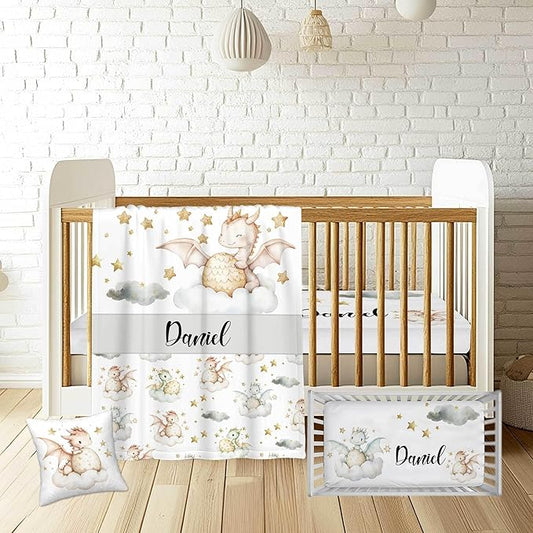 Personalized Flying Dragon Baby Crib Bedding Set for Boys Girls – Custom Name 3-Piece Nursery Bedding with Blanket, Fitted Crib Sheet & Pillowcase – Soft Baby Bedding for Newborn Infant Toddler