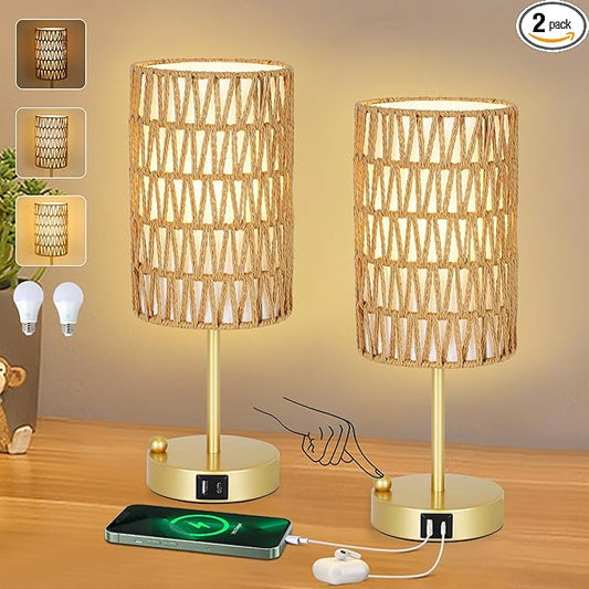 Eayaya Gold Bedside Lamps Set of 2, Touch Control Night Stand Lamp for Bedroom with Rattan & Linen Shade & Bulbs, 3 Way Dimmable Small Boho Table Lamps with USB Charging Port & Phone Stand