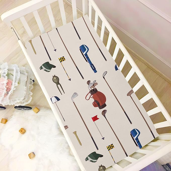 Cartoon Golf Game Pattern Crib Sheets Soft Breathable Fitted Baby Crib Sheets Mattress Cover for Girls Boy, 52" x 28" x 9"