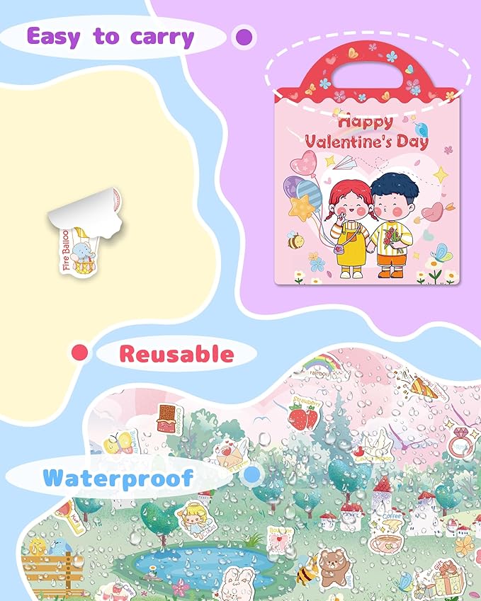 Benresive Reusable Sticker Books for Toddlers, Fun Travel Stickers for Kids, Toddler Sticker Book, Crafts Activities for Toddlers, 3 and Up Birthady Gifts - Valentines