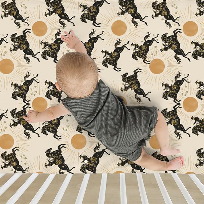 Western Cowboys Sunshine Baby Crib Sheets for Boy Girl 52x28Inch Cowboy Horse Sun Soft Stretchy Fitted Crib Mattress Cover Wild West Desert Nursery Baby Sheet for Standard Crib & Toddler Bed Mattress