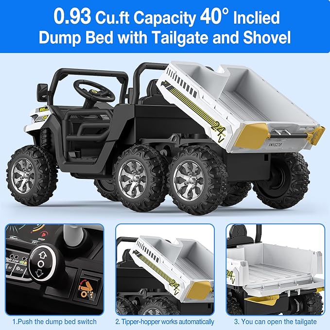 2-Seater Kids Ride On Dump Truck, 75W Electric Ride On UTV Toys with Remote Control, Dump Bed, PP Tire x 6, LED Light & Music, 24V 4WD Power Ride On Truck Car for Boys Girls (White)